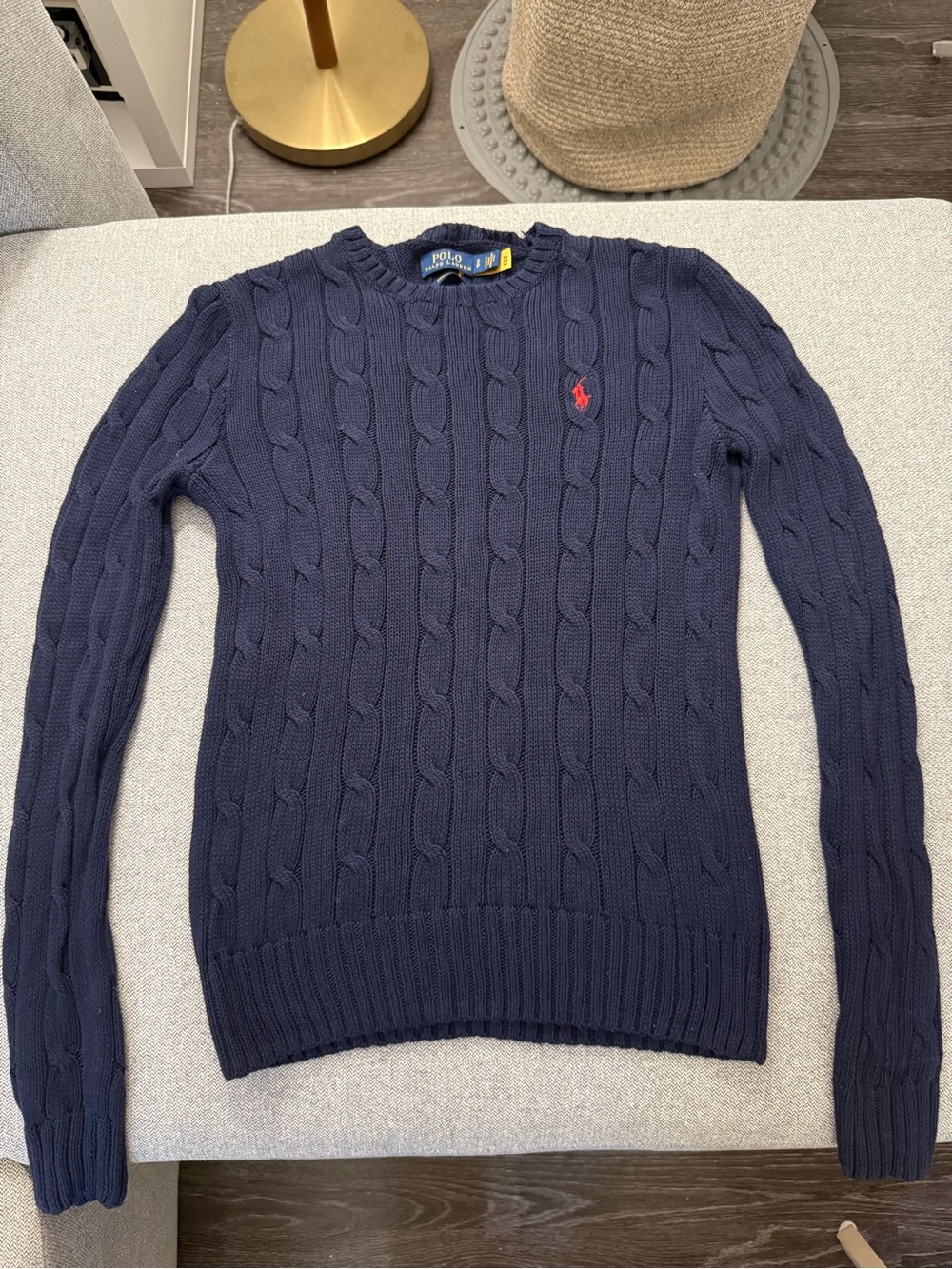 Ralph Lauren Navy Cable Knit Crewneck Sweater with Red Pony